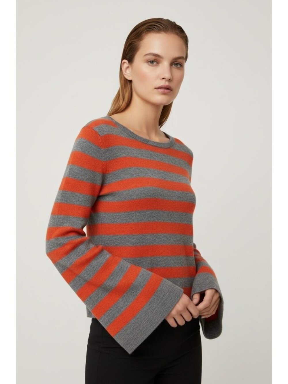 Equipment Femme Baxley Cashmere Striped Bell Sleeve Sweater Orange Gray Small